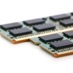 Close-up of a circuit board featuring memory chips