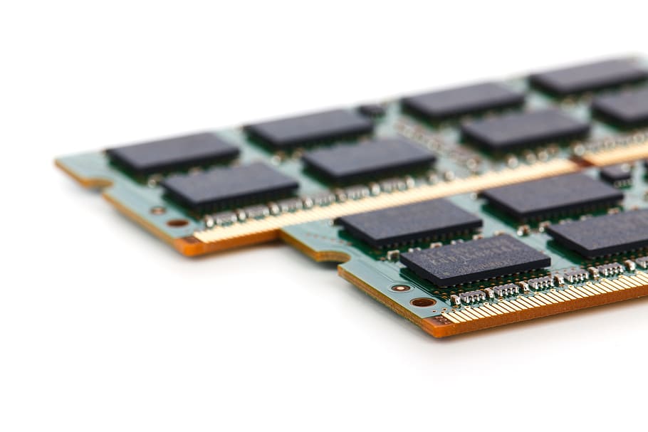 Close-up of a circuit board featuring memory chips
